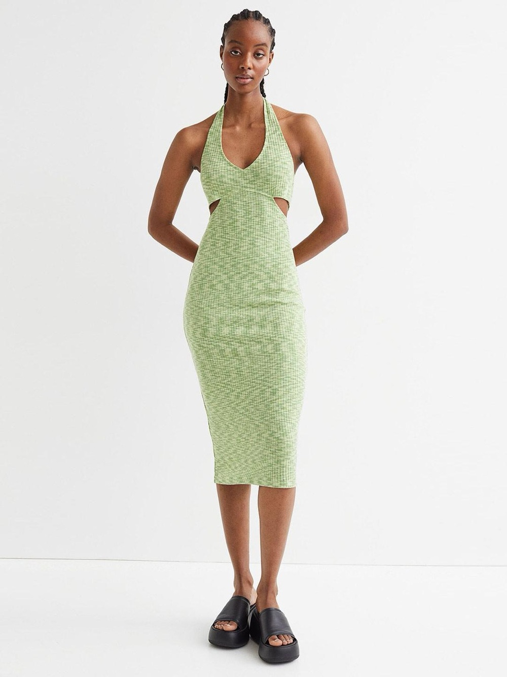 H&M Light Green Halter Midi Dress with Side Cutouts